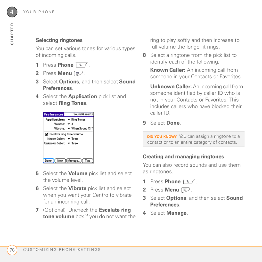 Palm PDA CentroTM Smart Device manual Selecting ringtones, Creating and managing ringtones 