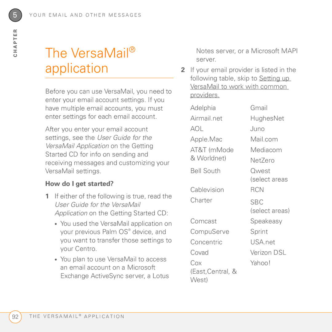 Palm PDA CentroTM Smart Device manual VersaMail application, How do I get started?, Cablevision, Charter 