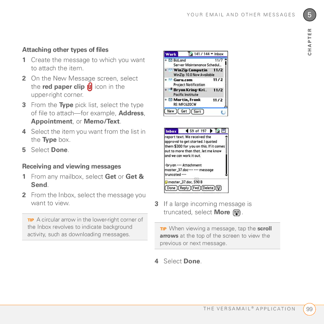 Palm PDA CentroTM Smart Device manual Attaching other types of files, Receiving and viewing messages 