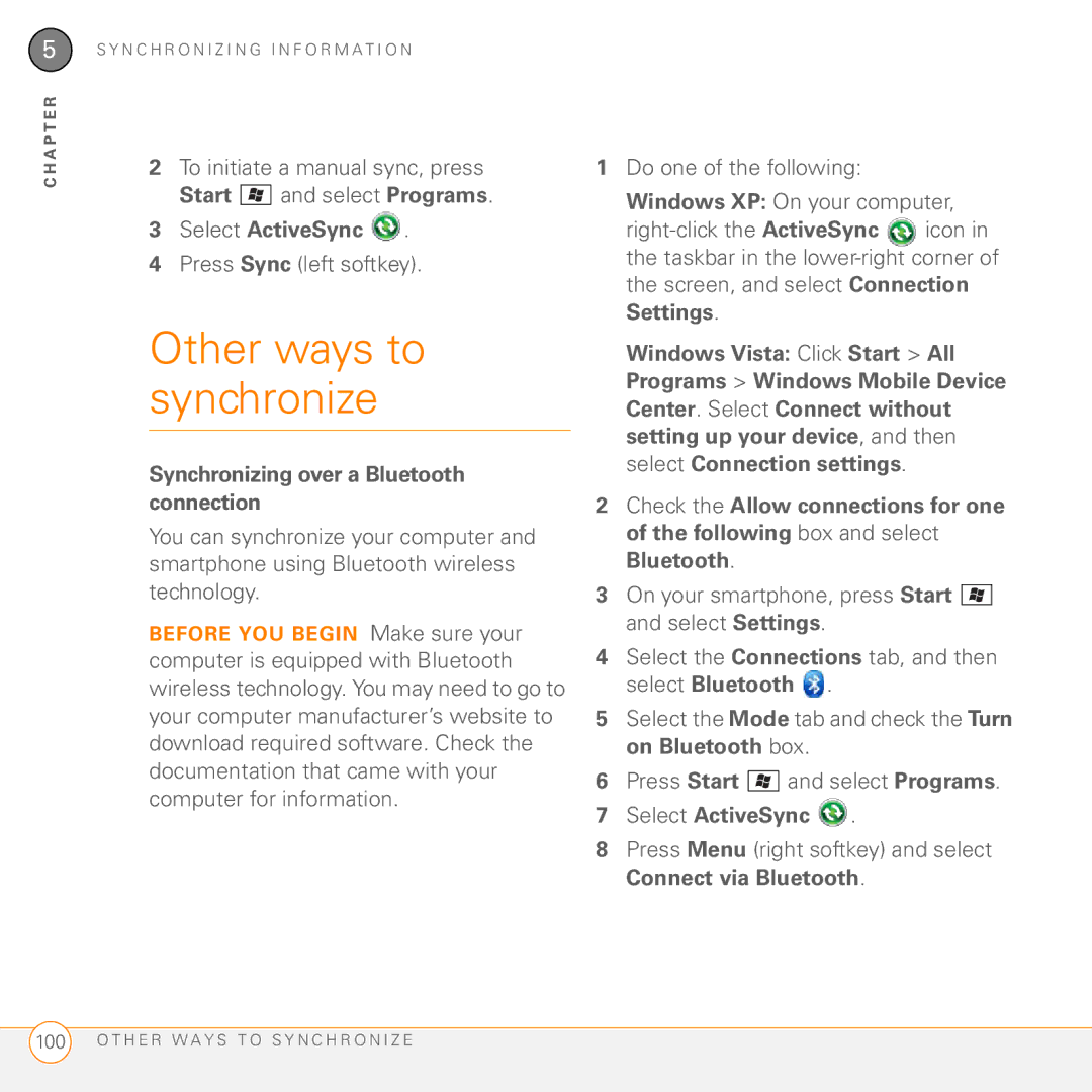 Palm PMG0501000P manual Other ways to synchronize, Start and select Programs Select ActiveSync 