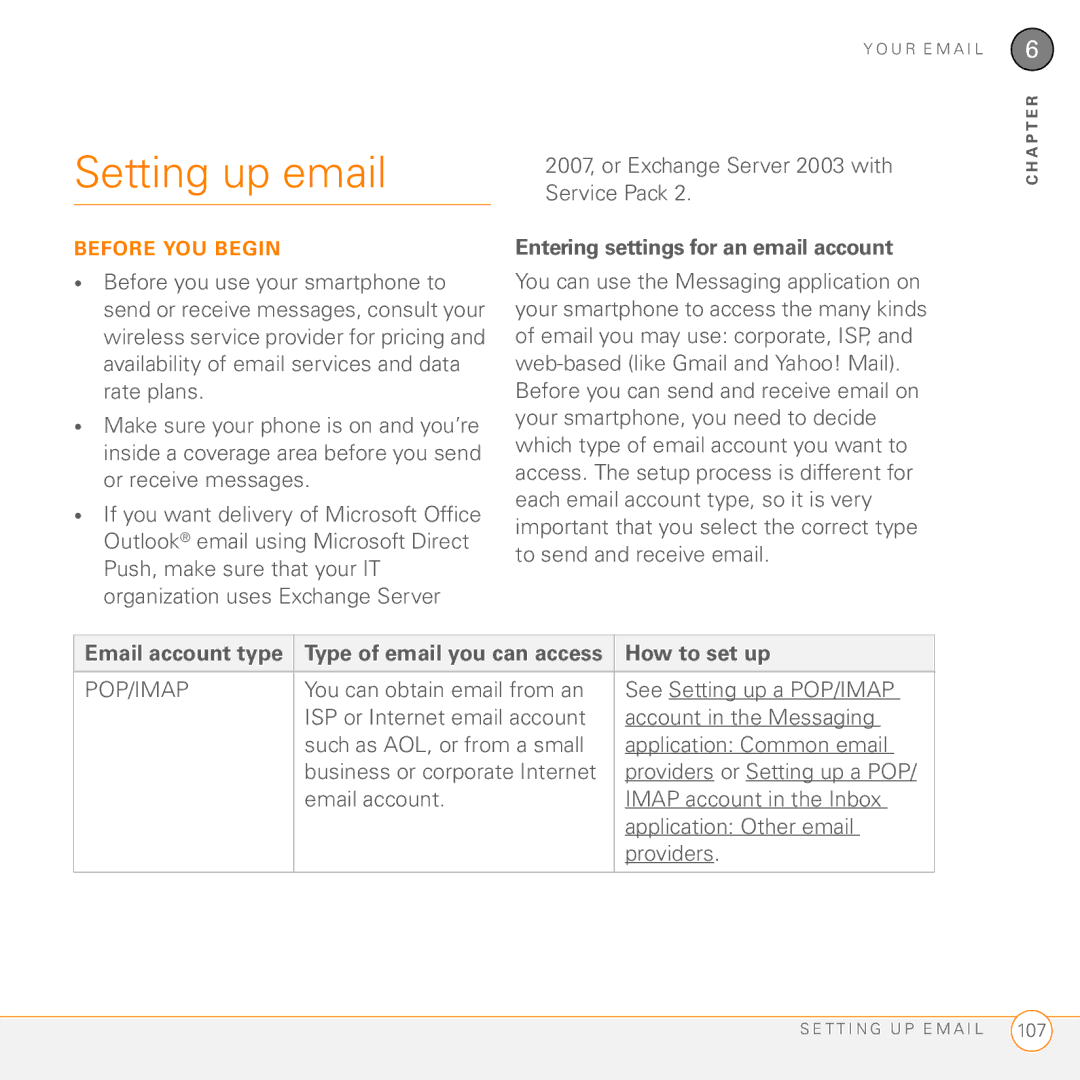 Palm PMG0501000P manual Setting up email, Entering settings for an email account, Email account type, How to set up 