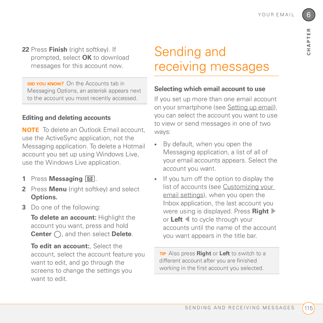 Palm PMG0501000P manual Sending and receiving messages, Editing and deleting accounts Press Messaging, Options 