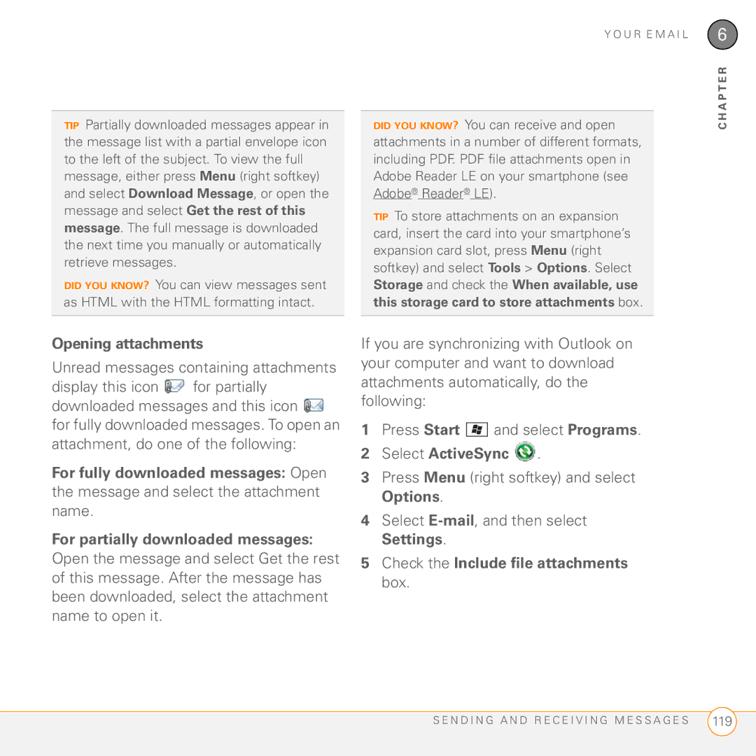 Palm PMG0501000P manual Opening attachments, For fully downloaded messages Open, For partially downloaded messages 