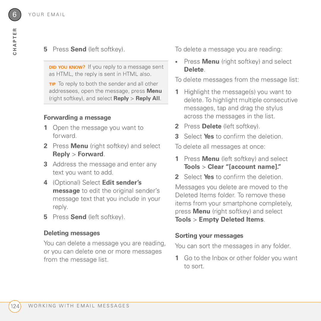 Palm PMG0501000P manual Forwarding a message, Deleting messages, Sorting your messages 
