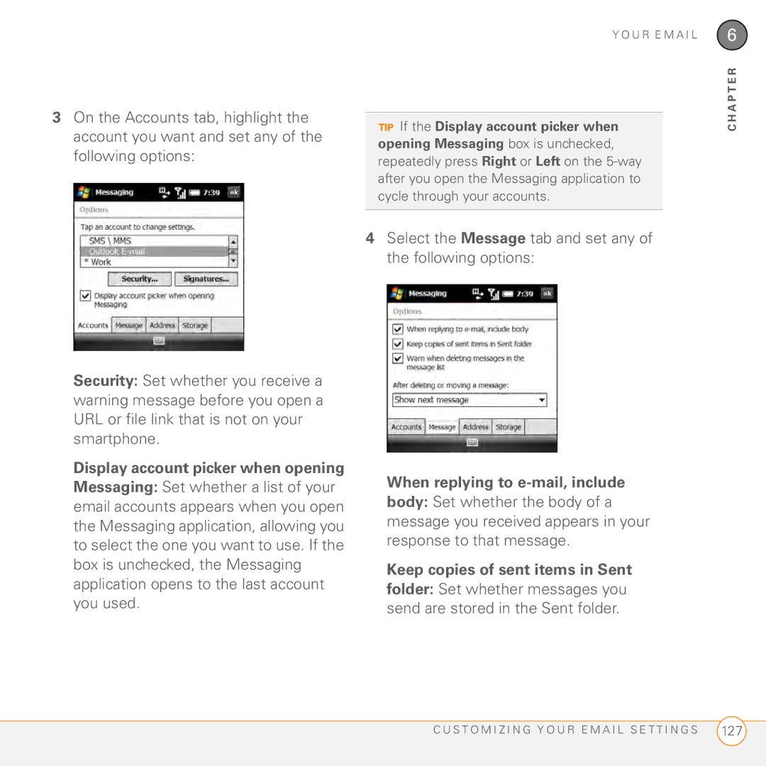 Palm PMG0501000P Display account picker when opening, When replying to e-mail, include, Keep copies of sent items in Sent 