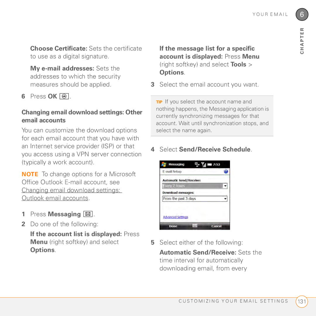 Palm PMG0501000P manual Changing email download settings Other email accounts, Select Send/Receive Schedule 