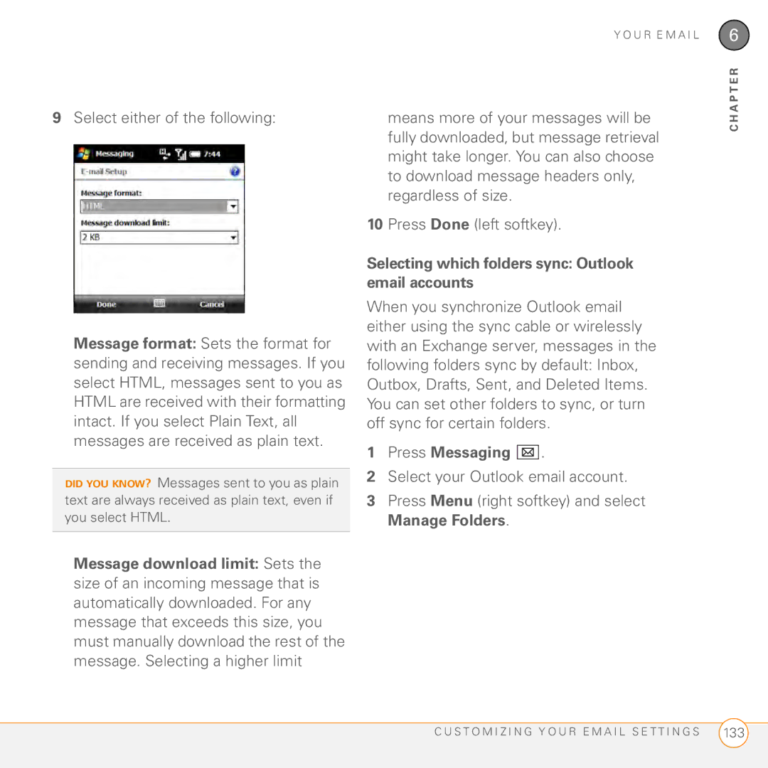 Palm PMG0501000P manual Selecting which folders sync Outlook email accounts 