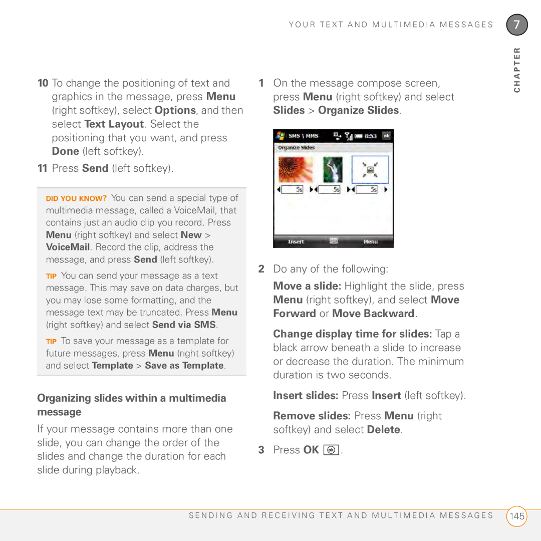 Palm PMG0501000P manual Slides Organize Slides, Organizing slides within a multimedia message 