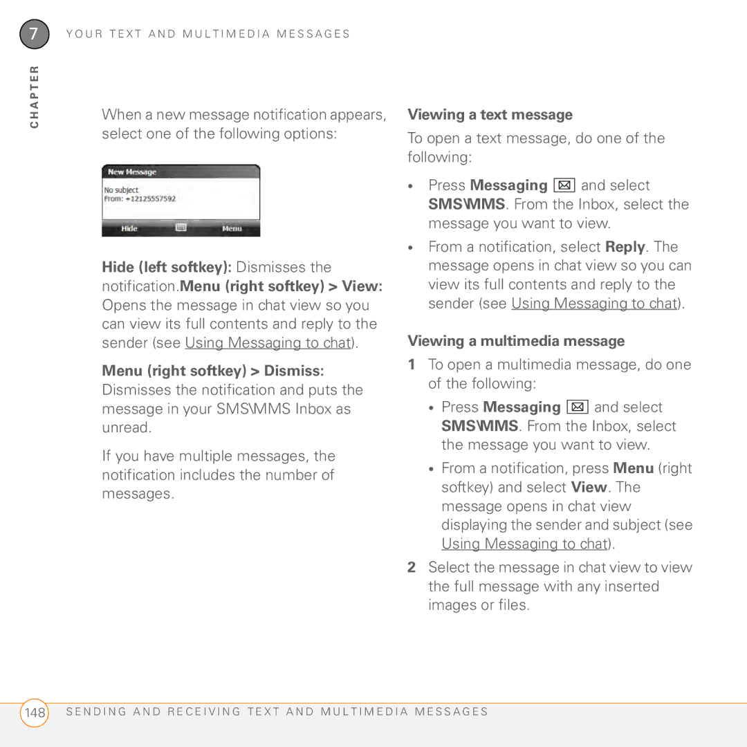 Palm PMG0501000P manual Hide left softkey Dismisses, Viewing a text message, Viewing a multimedia message 