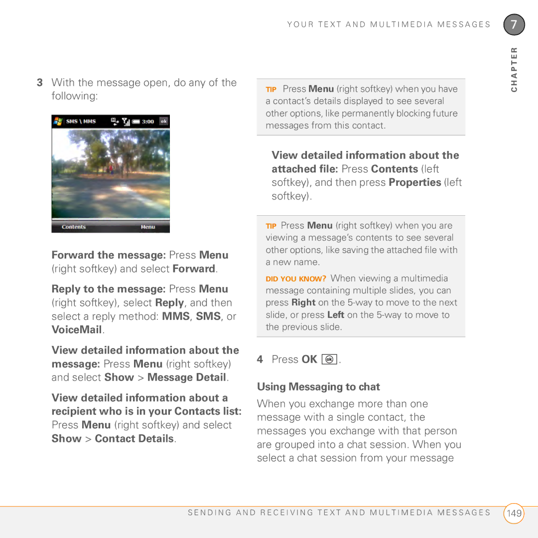 Palm PMG0501000P manual Forward the message Press Menu, VoiceMail, Using Messaging to chat 