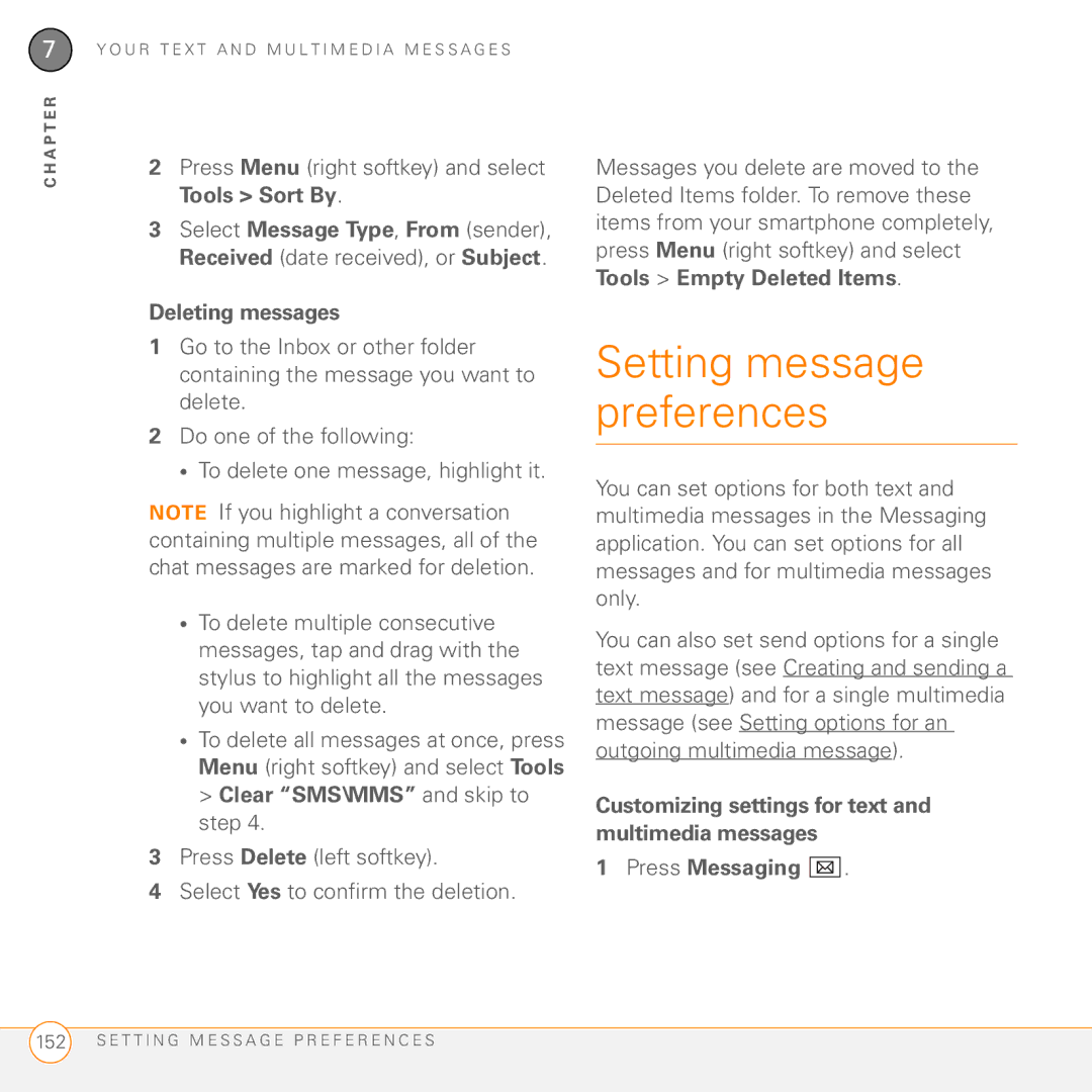 Palm PMG0501000P manual Setting message preferences, Press Menu right softkey and select Tools Sort By 
