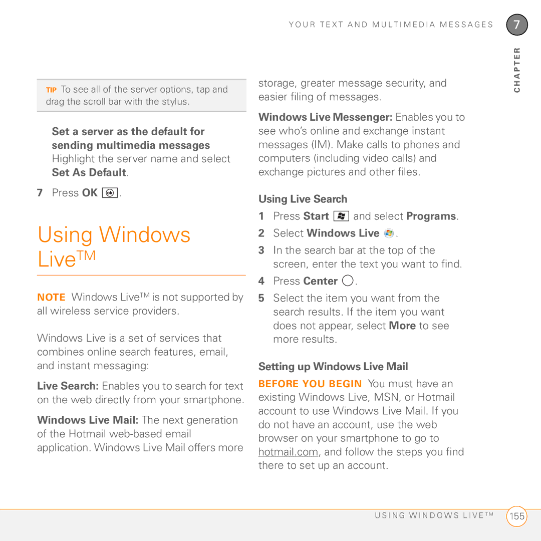 Palm PMG0501000P manual Using Windows LiveTM, Set As Default, Using Live Search, Select Windows Live 