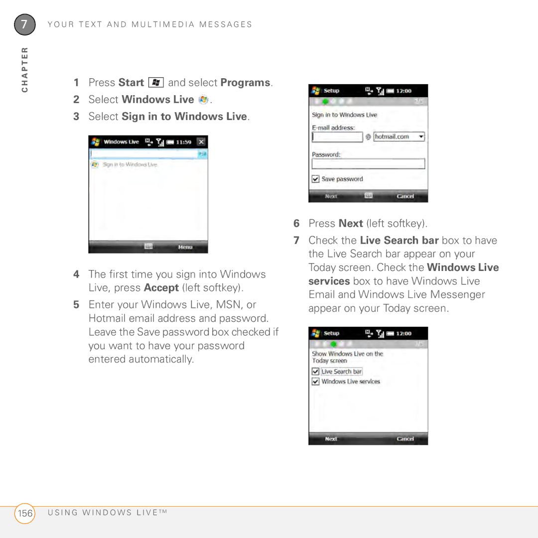 Palm PMG0501000P manual Select Windows Live Select Sign in to Windows Live 