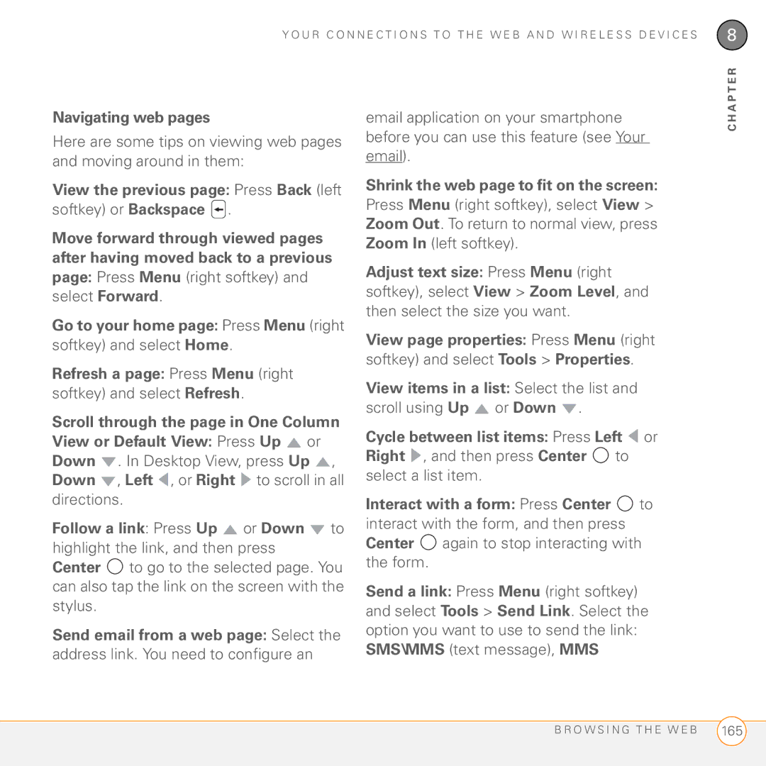 Palm PMG0501000P manual Navigating web pages, View the previous page Press Back left softkey or Backspace, Select Forward 