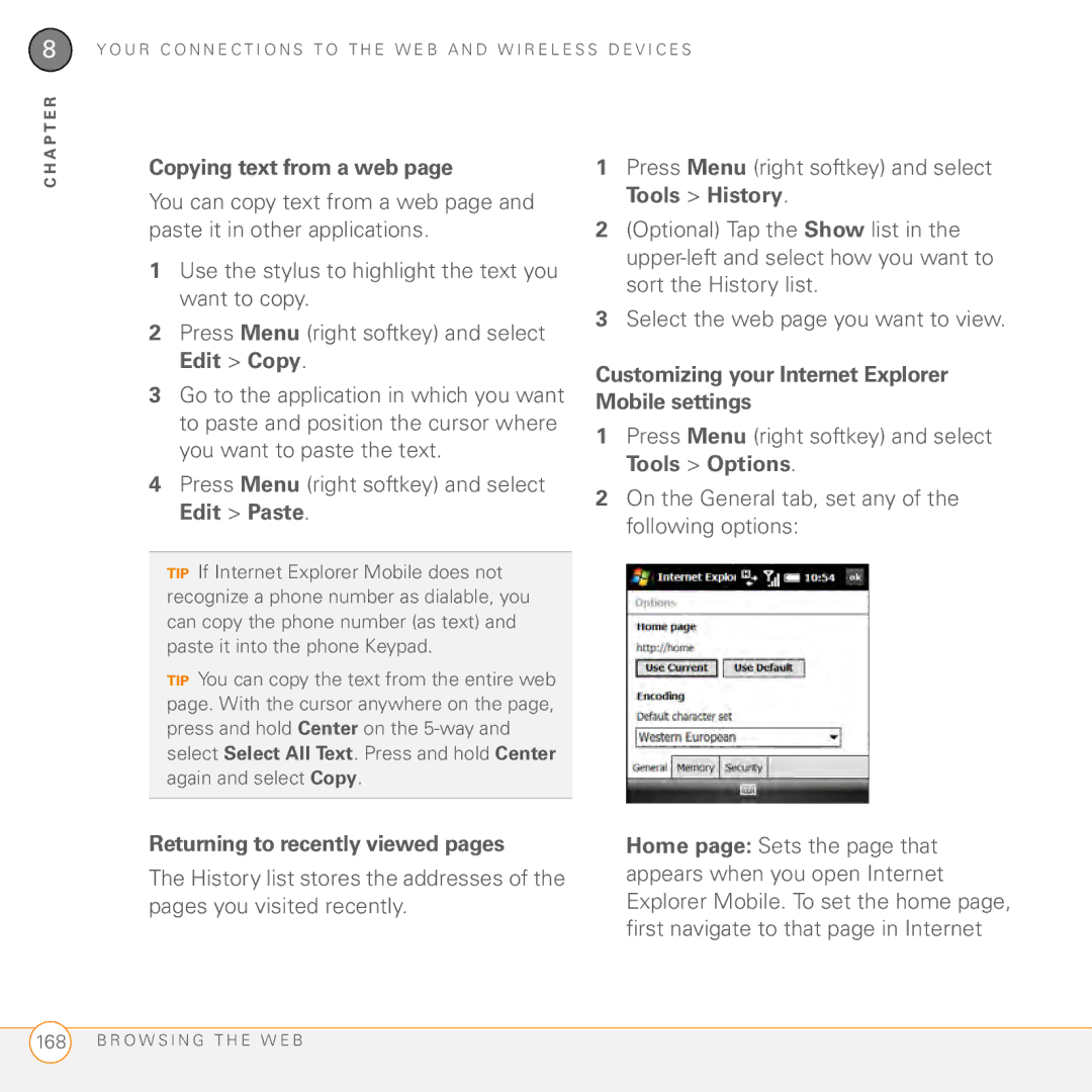Palm PMG0501000P Copying text from a web, Customizing your Internet Explorer Mobile settings, Home page Sets the page that 
