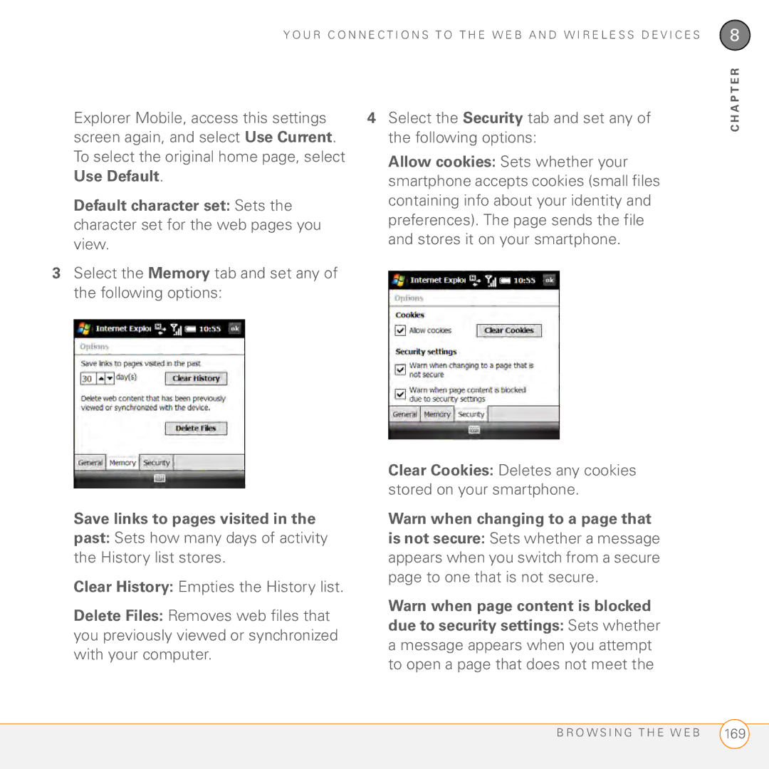 Palm PMG0501000P manual Select the Memory tab and set any of the following options, Save links to pages visited 