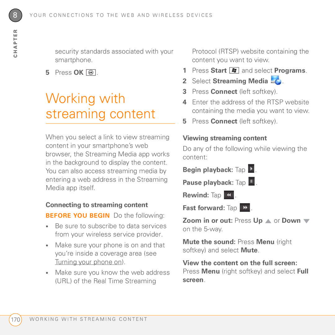 Palm PMG0501000P manual Working with streaming content, Connecting to streaming content, Select Streaming Media 