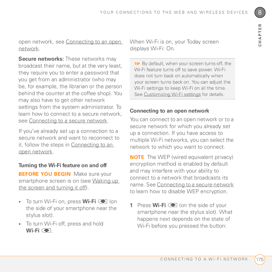 Palm PMG0501000P manual Open network, see Connecting to an open network, Turning the Wi-Fi feature on and off 