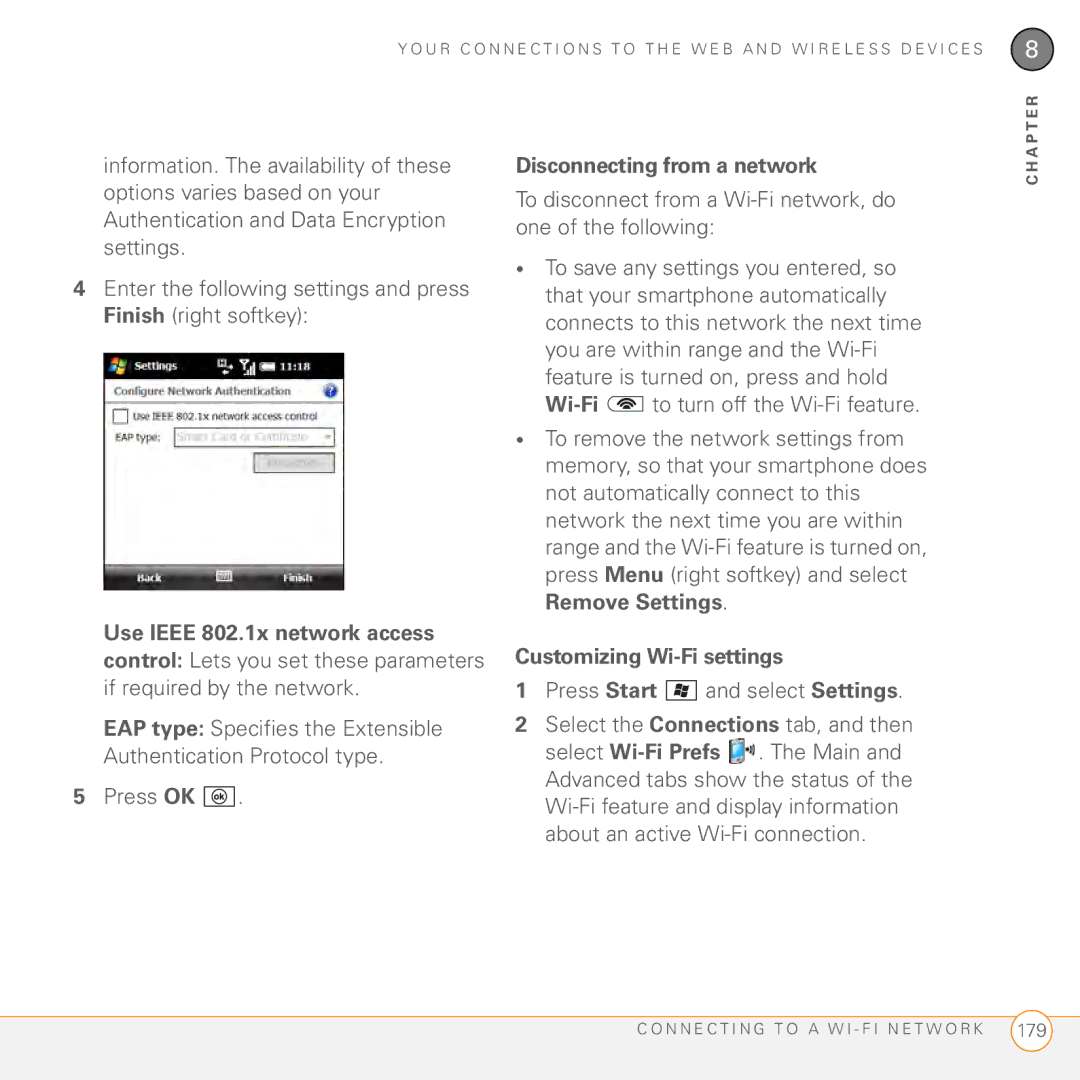 Palm PMG0501000P manual Use Ieee 802.1x network access, Disconnecting from a network, Customizing Wi-Fi settings 