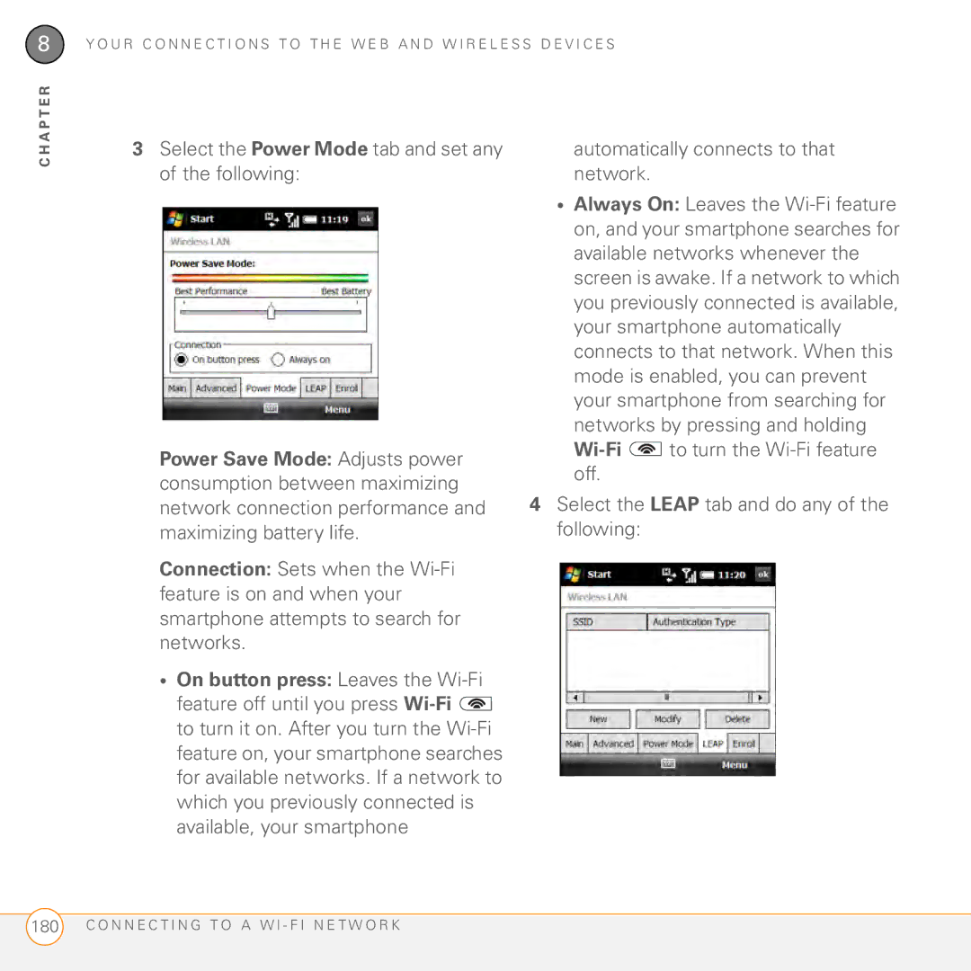 Palm PMG0501000P manual Select the Power Mode tab and set any of the following, Automatically connects to that network 