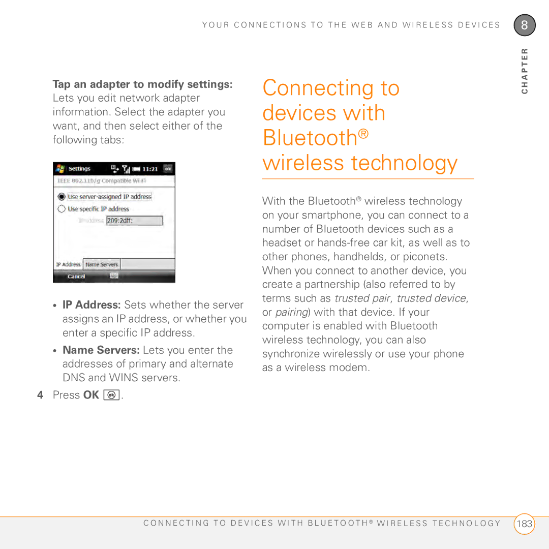 Palm PMG0501000P manual Connecting to devices with Bluetooth wireless technology, Tap an adapter to modify settings 