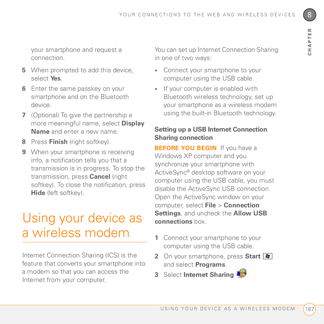 Palm PMG0501000P manual Using your device as a wireless modem, Setting up a USB Internet Connection Sharing connection 