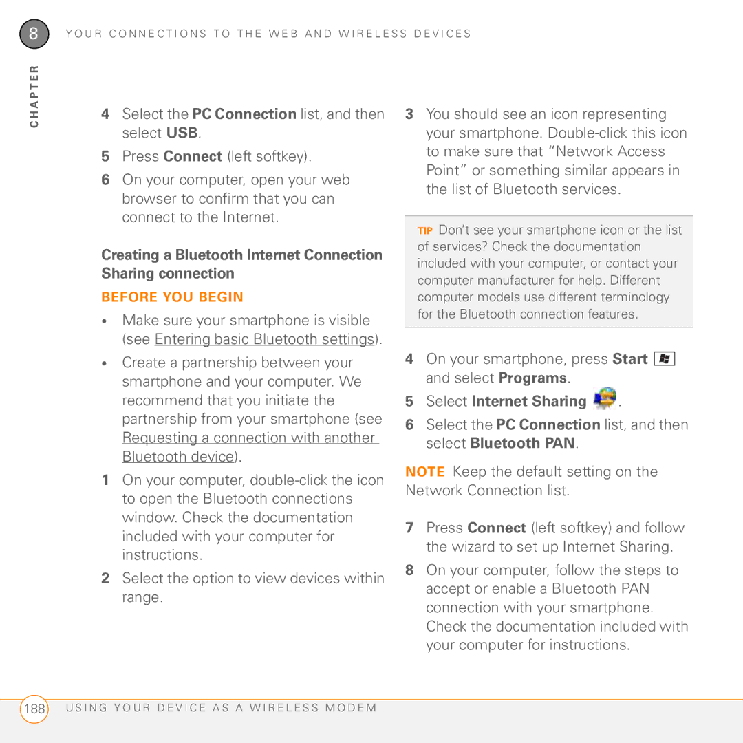 Palm PMG0501000P manual Creating a Bluetooth Internet Connection Sharing connection 