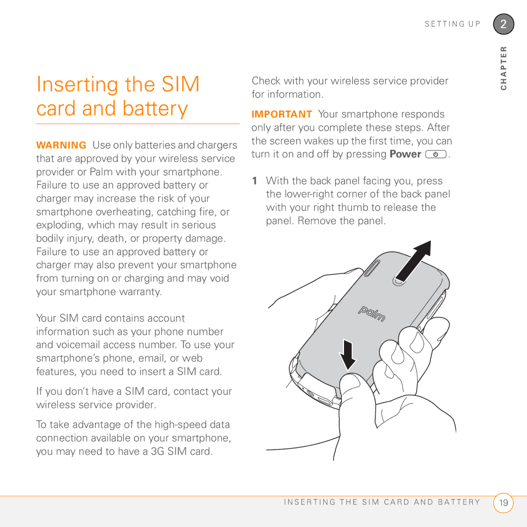 Palm PMG0501000P manual Inserting the SIM card and battery, Check with your wireless service provider for information 