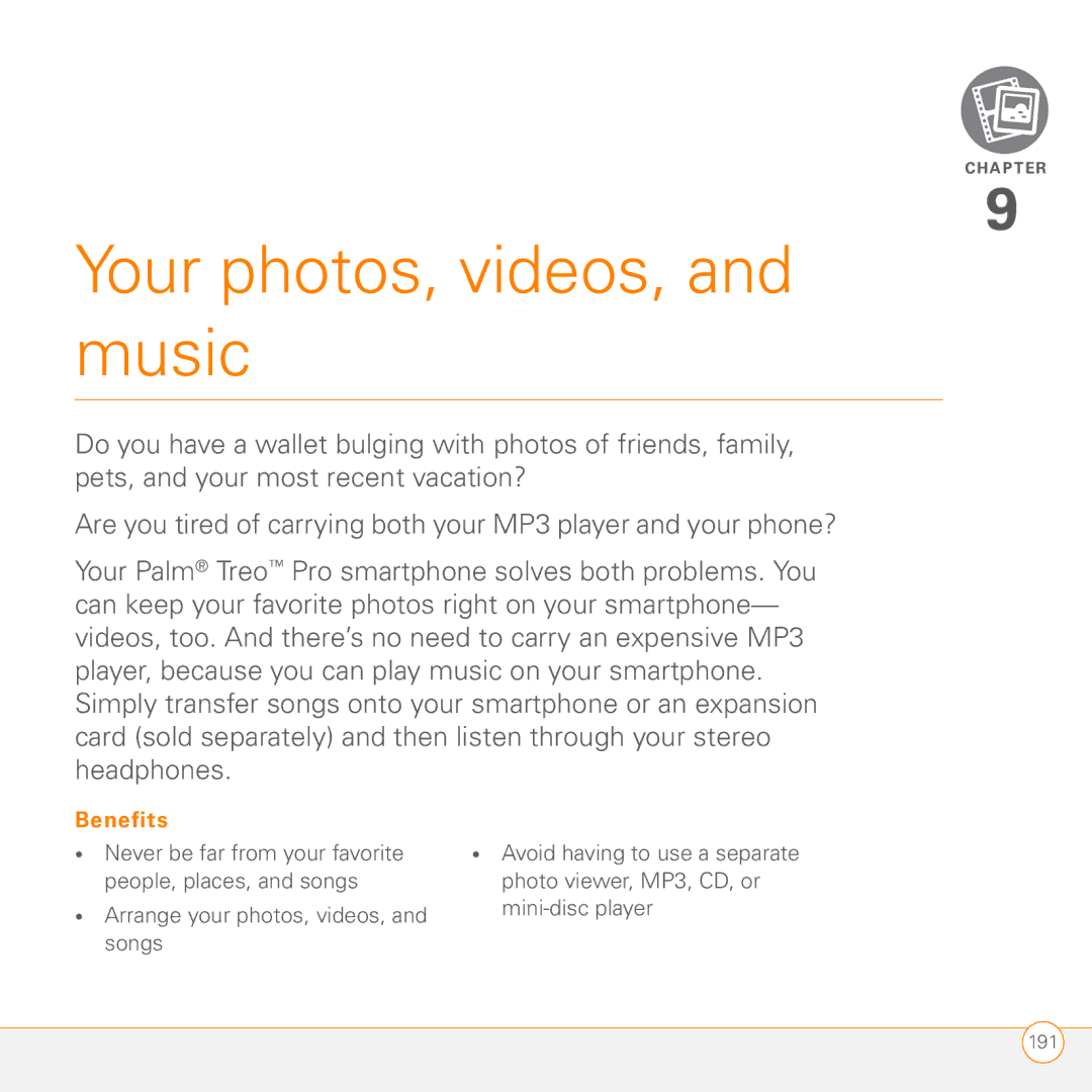 Palm PMG0501000P manual Your photos, videos, and music 