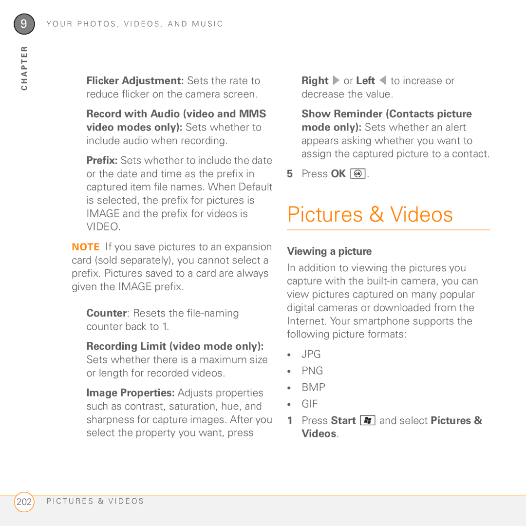 Palm PMG0501000P manual Pictures & Videos, Flicker Adjustment Sets the rate to, Recording Limit video mode only 