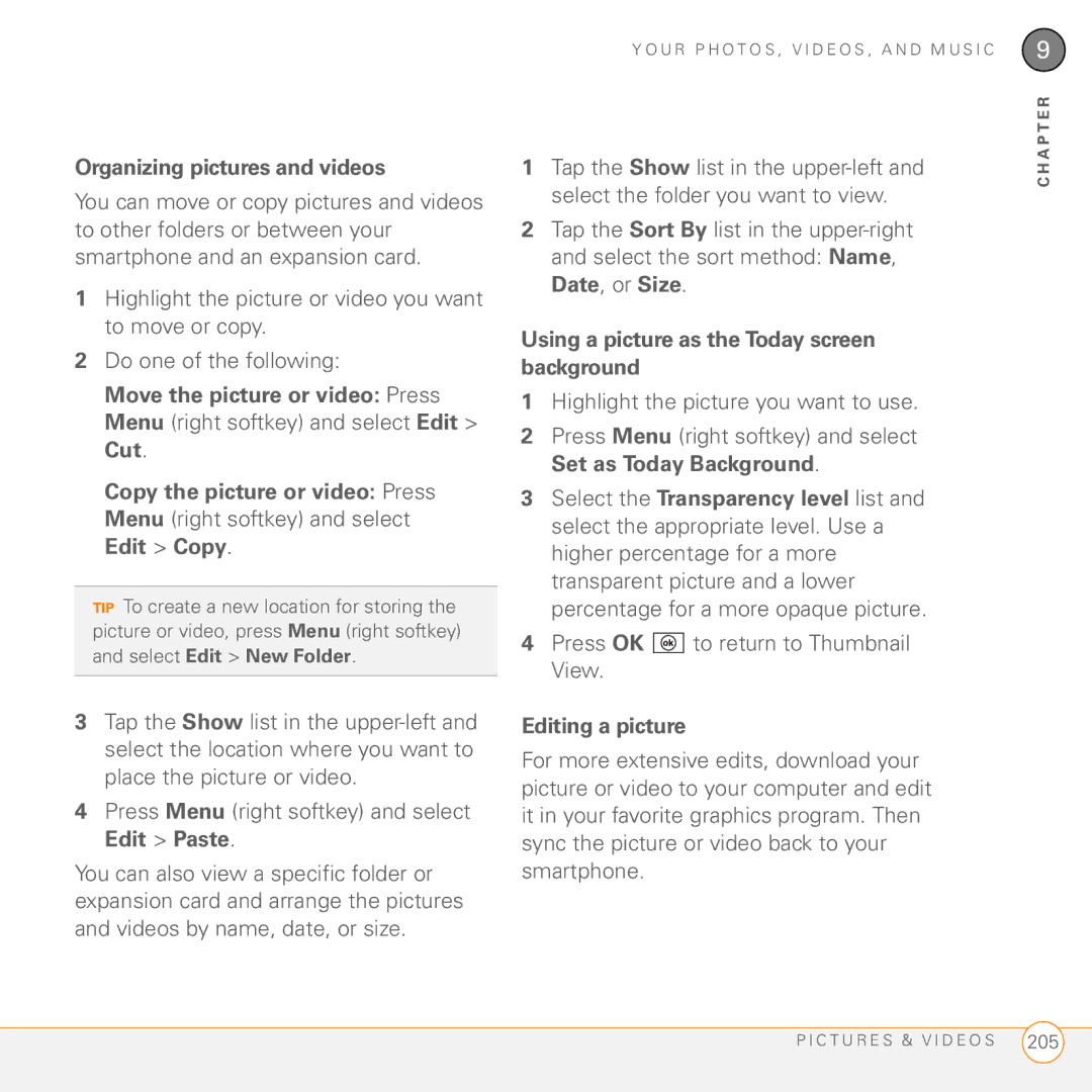 Palm PMG0501000P manual Organizing pictures and videos, Using a picture as the Today screen background, Editing a picture 