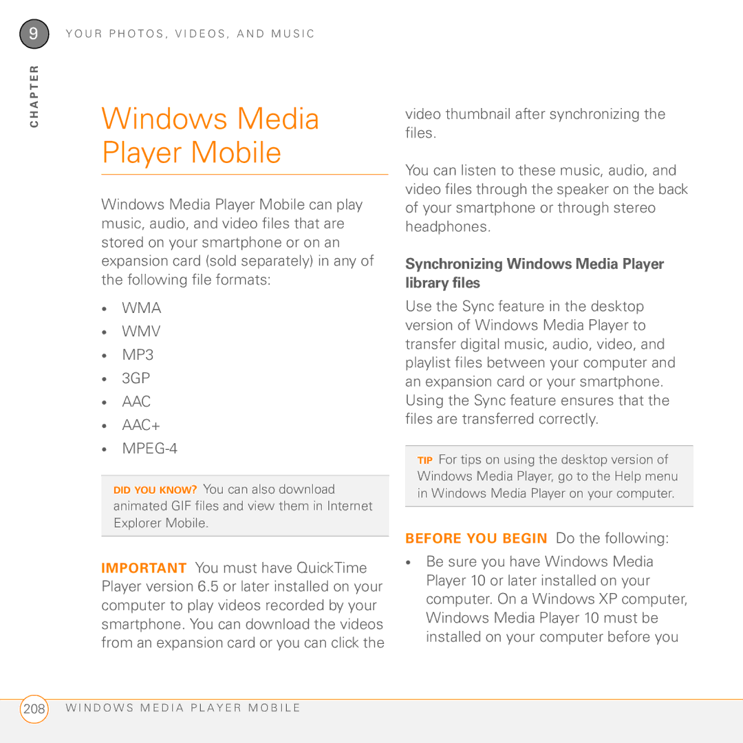 Palm PMG0501000P manual Windows Media Player Mobile, MP3 3GP, AAC+ MPEG-4, Synchronizing Windows Media Player library files 