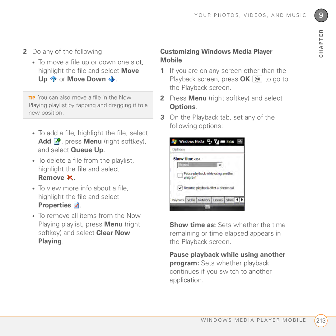 Palm PMG0501000P manual Customizing Windows Media Player Mobile, Pause playback while using another 