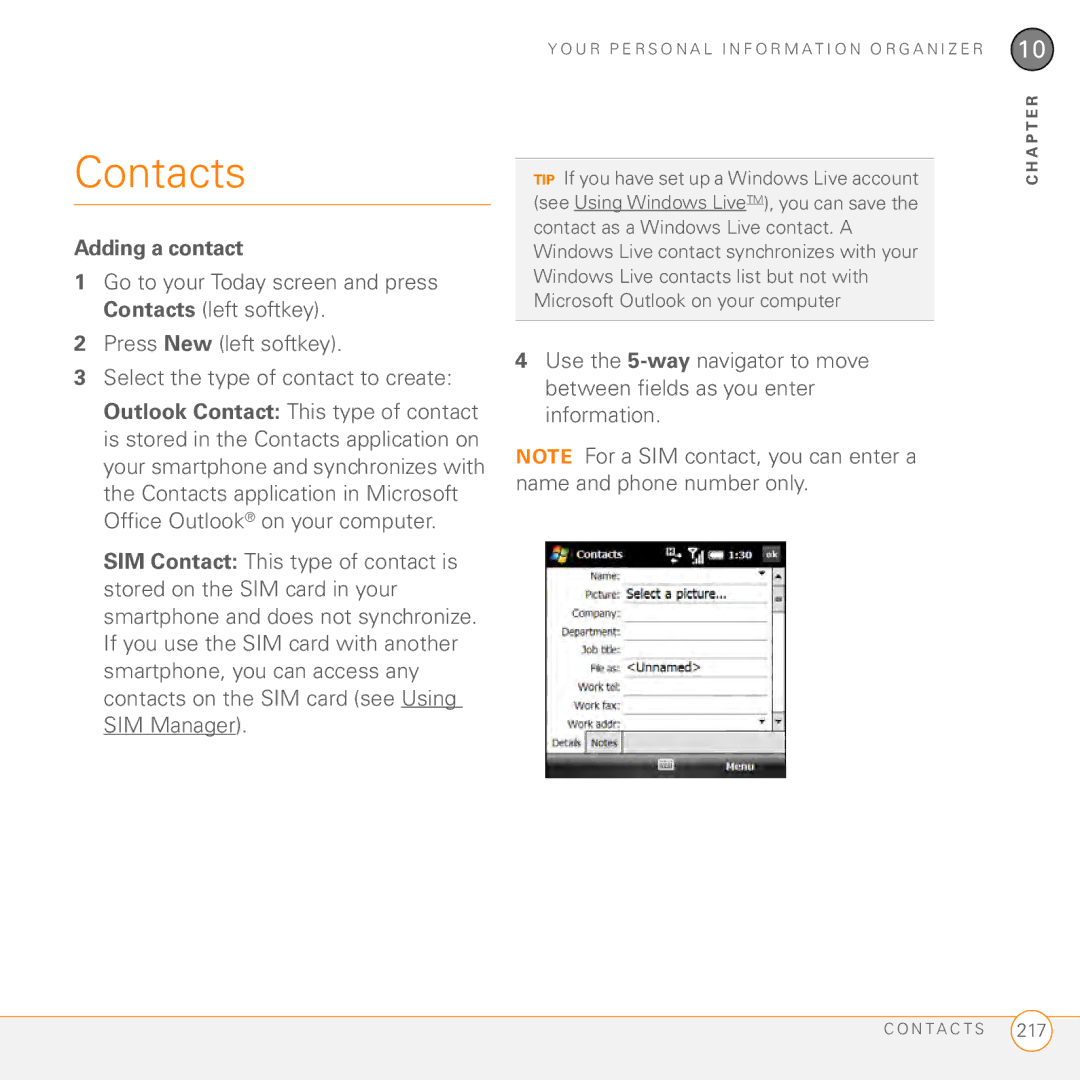Palm PMG0501000P manual Contacts, Adding a contact 