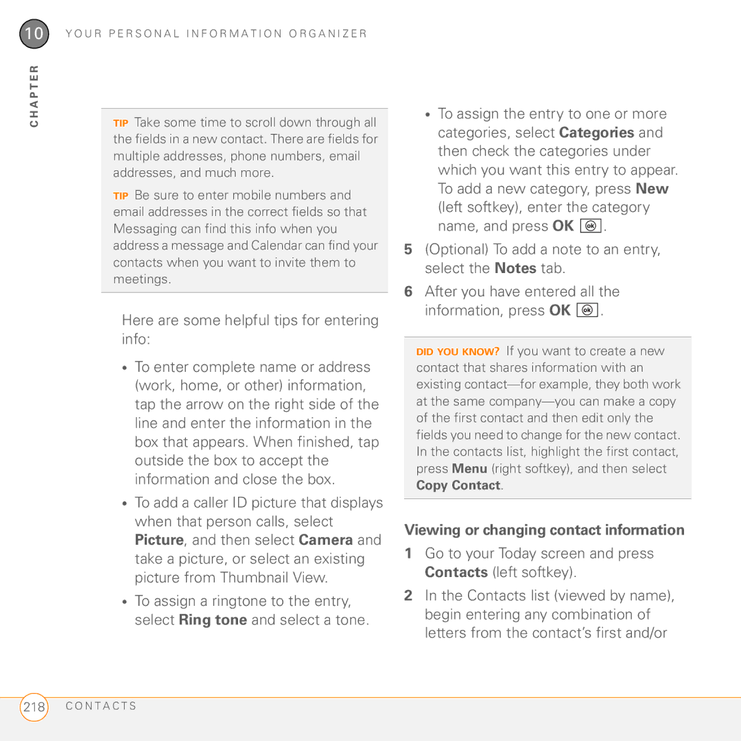 Palm PMG0501000P manual Here are some helpful tips for entering info, Viewing or changing contact information 