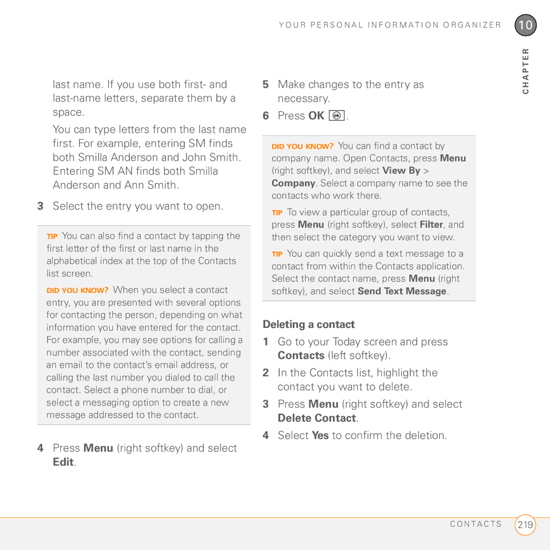 Palm PMG0501000P manual Deleting a contact 
