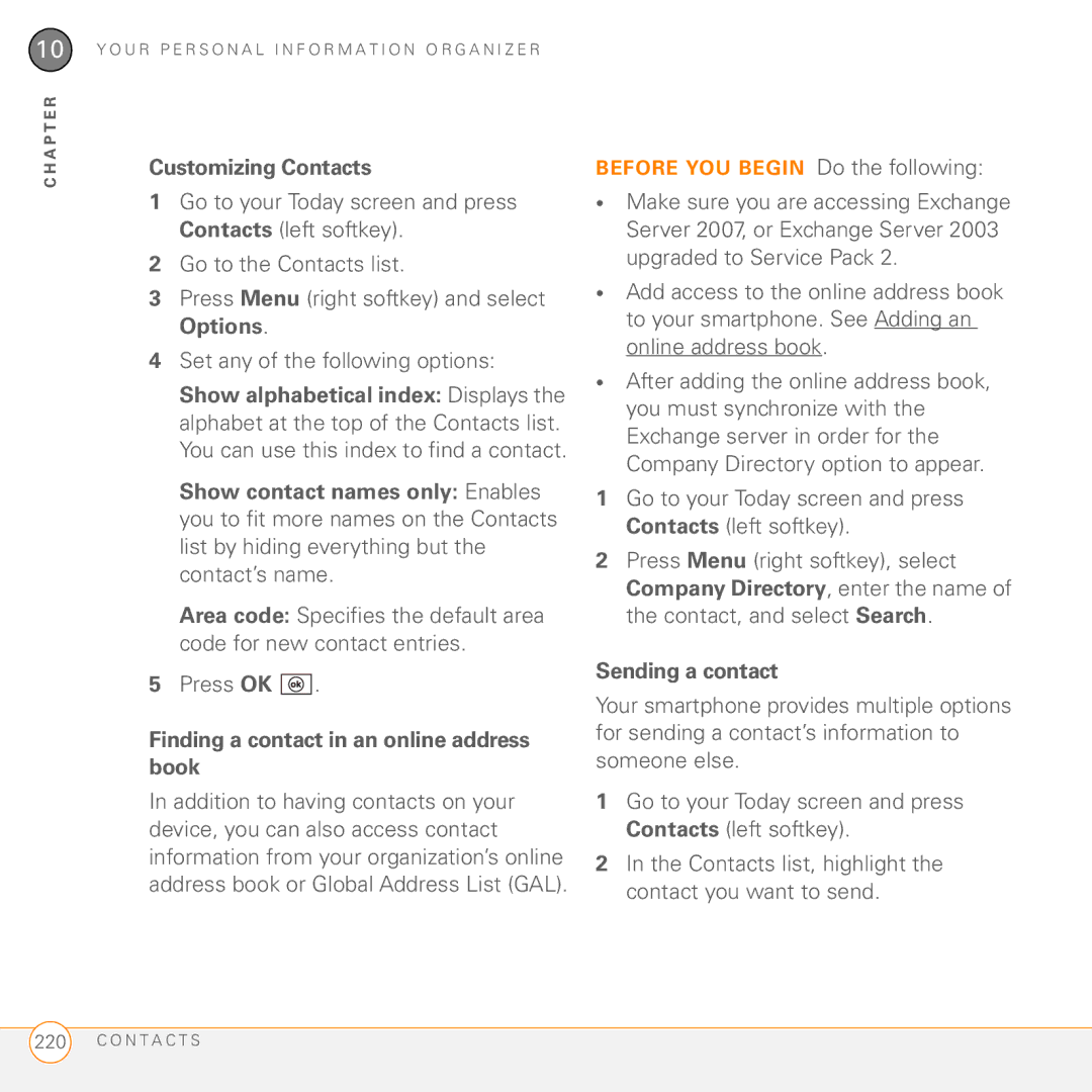 Palm PMG0501000P manual Customizing Contacts, Finding a contact in an online address book, Sending a contact 