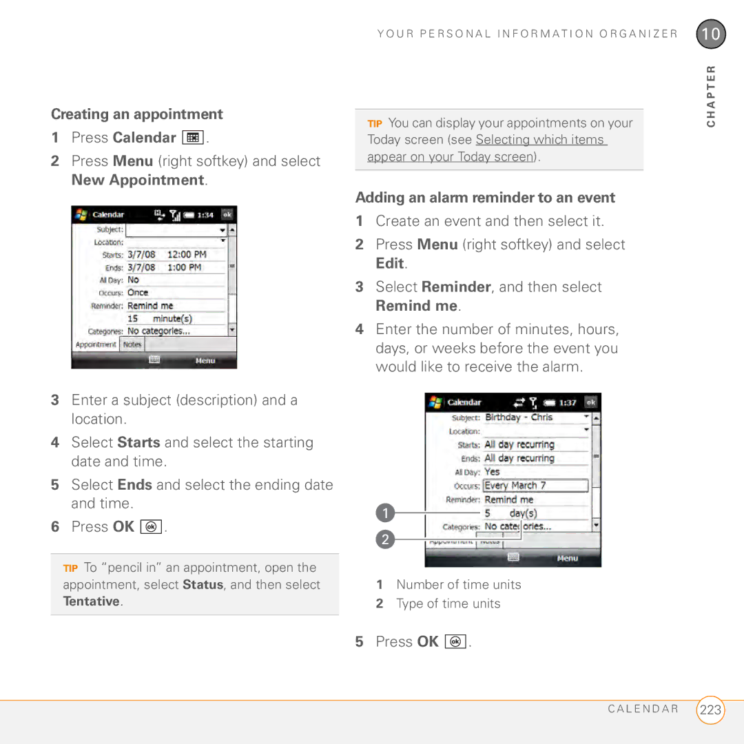 Palm PMG0501000P manual Creating an appointment Press Calendar, Adding an alarm reminder to an event 