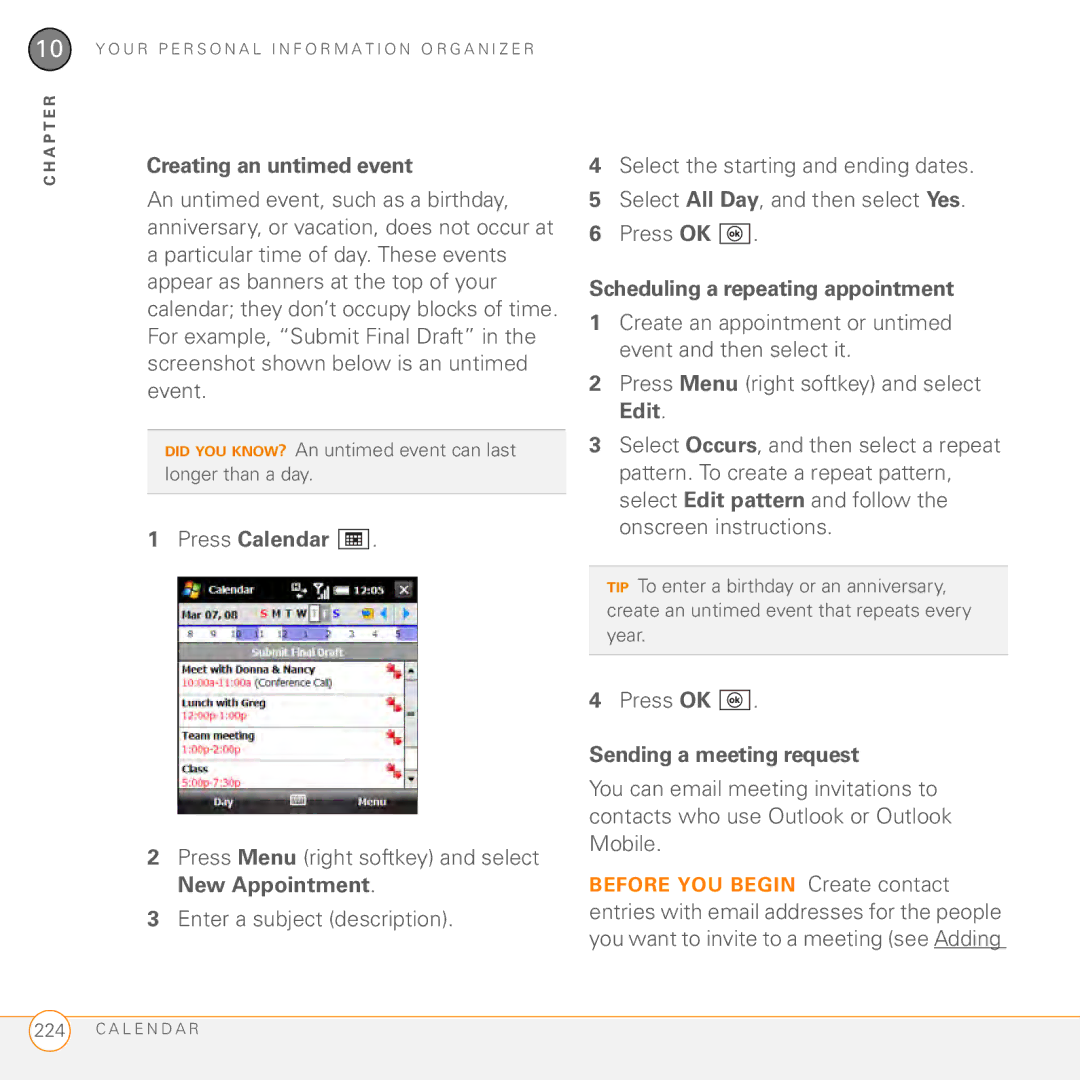 Palm PMG0501000P manual Creating an untimed event, Scheduling a repeating appointment, Sending a meeting request 