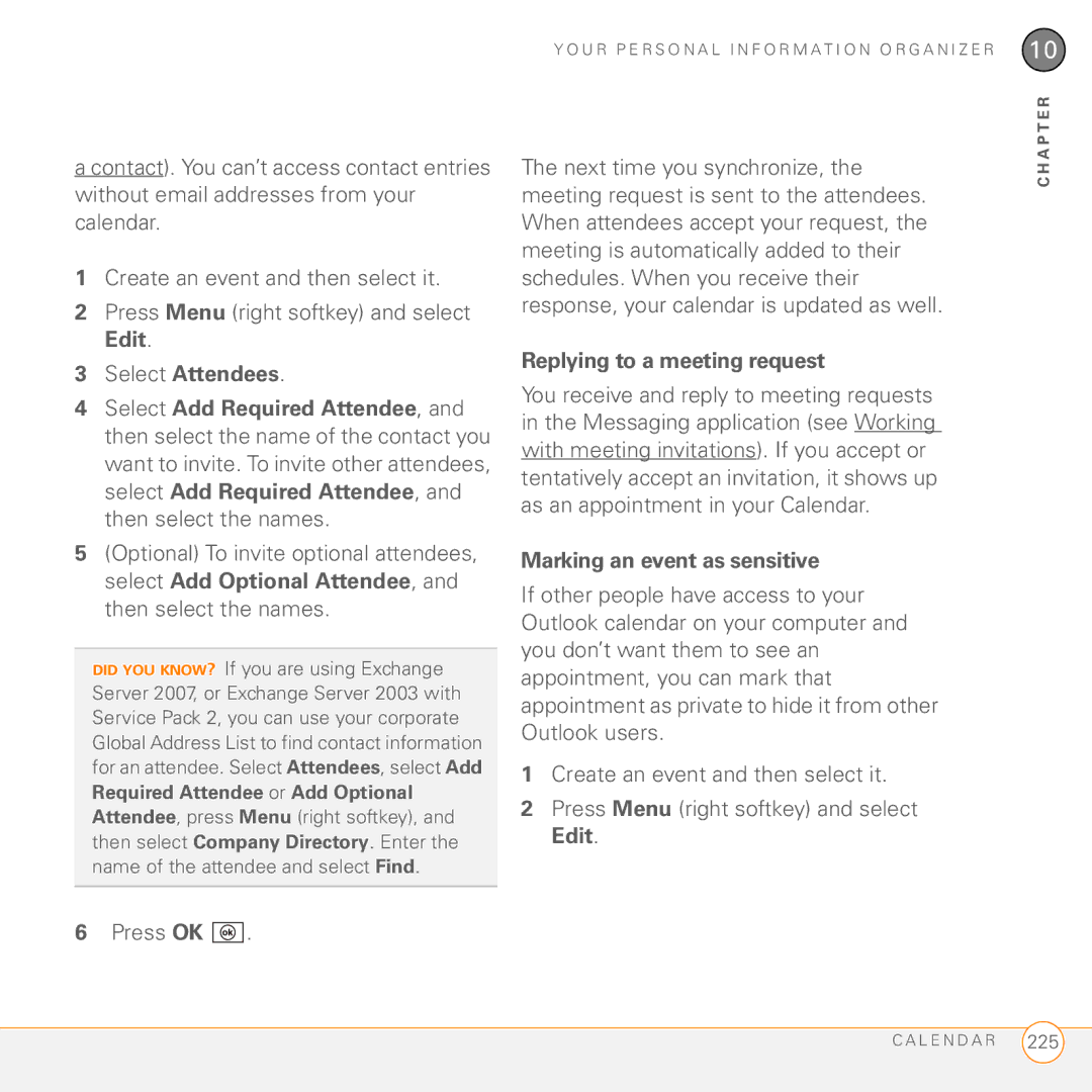 Palm PMG0501000P manual Replying to a meeting request, Marking an event as sensitive 