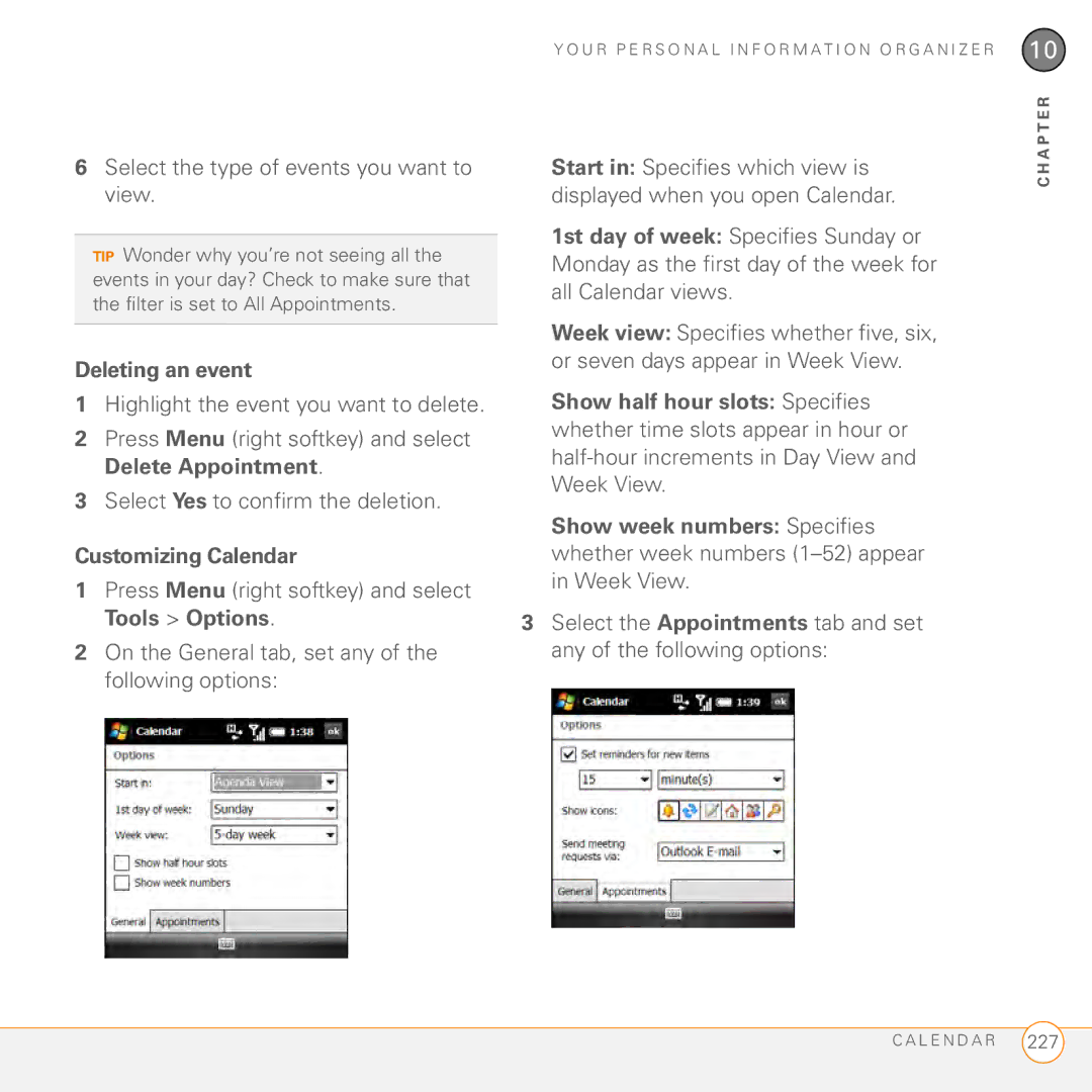 Palm PMG0501000P manual Select the type of events you want to view, Deleting an event, Customizing Calendar 