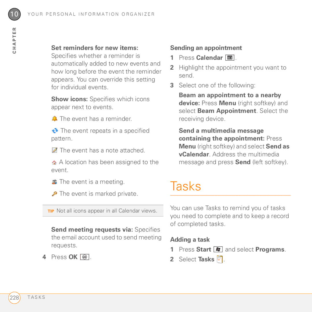 Palm PMG0501000P manual Tasks, Set reminders for new items, Send meeting requests via Specifies, Adding a task 