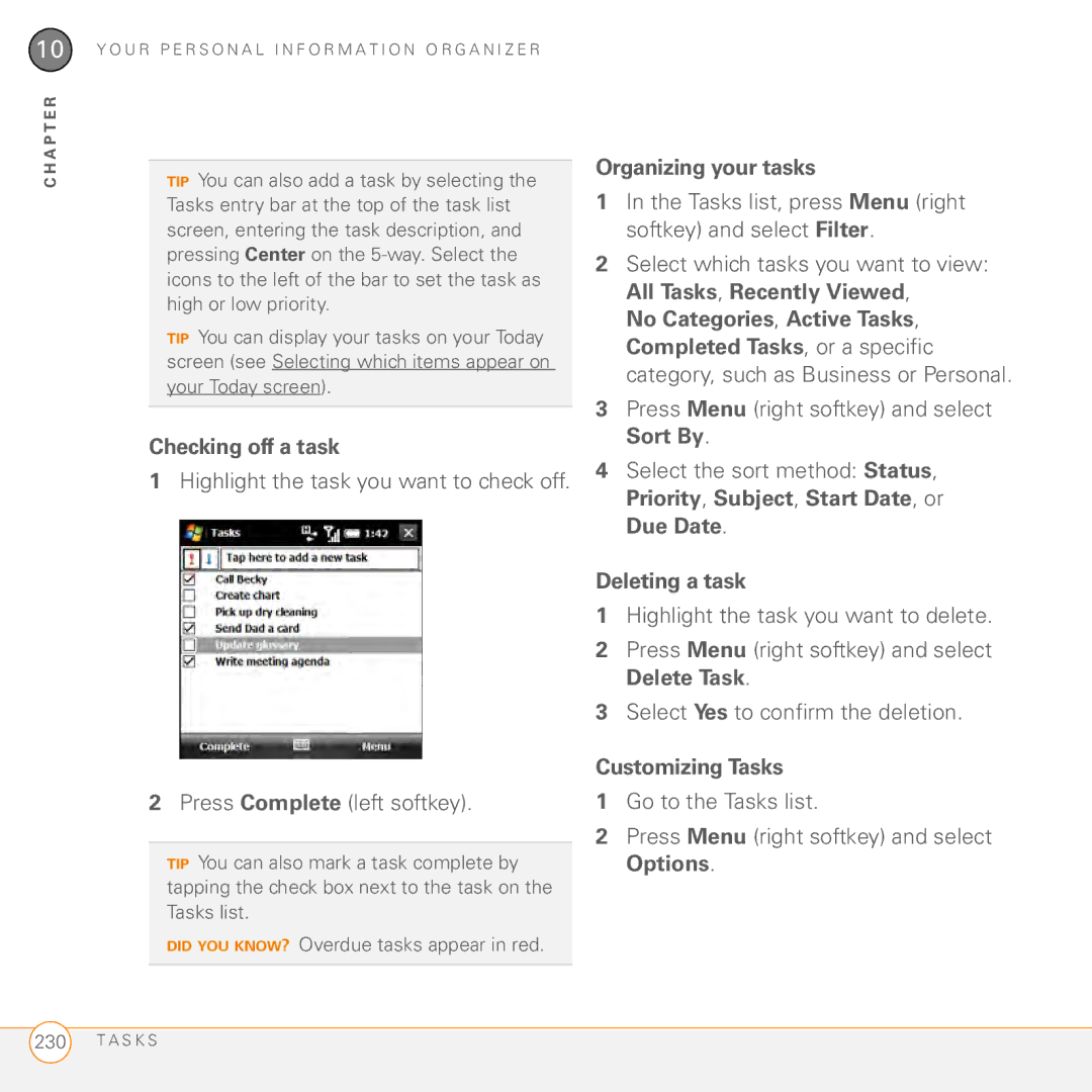 Palm PMG0501000P manual Checking off a task, Organizing your tasks, Tasks list, press Menu right softkey and select Filter 