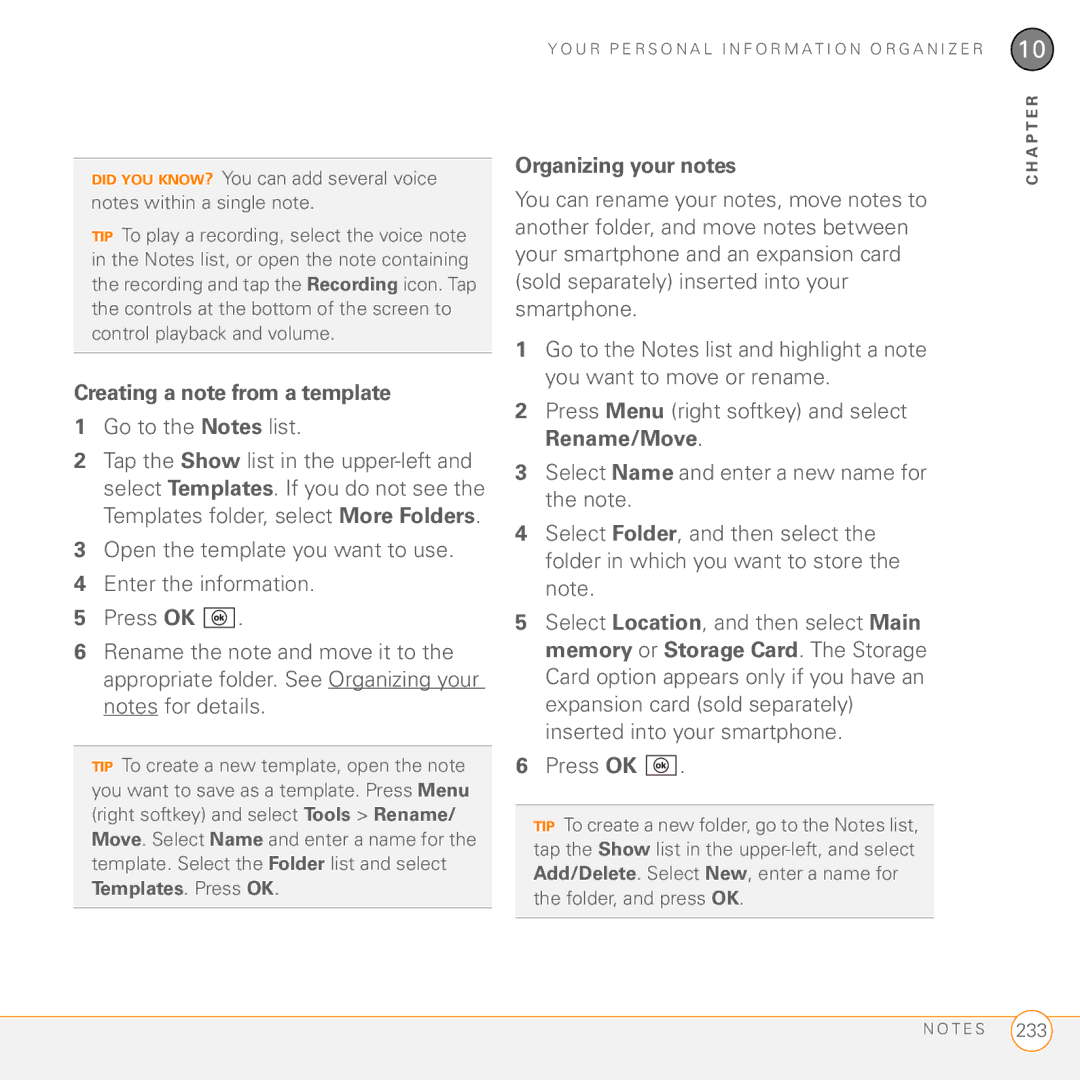 Palm PMG0501000P manual Creating a note from a template, Go to the Notes list, Organizing your notes 