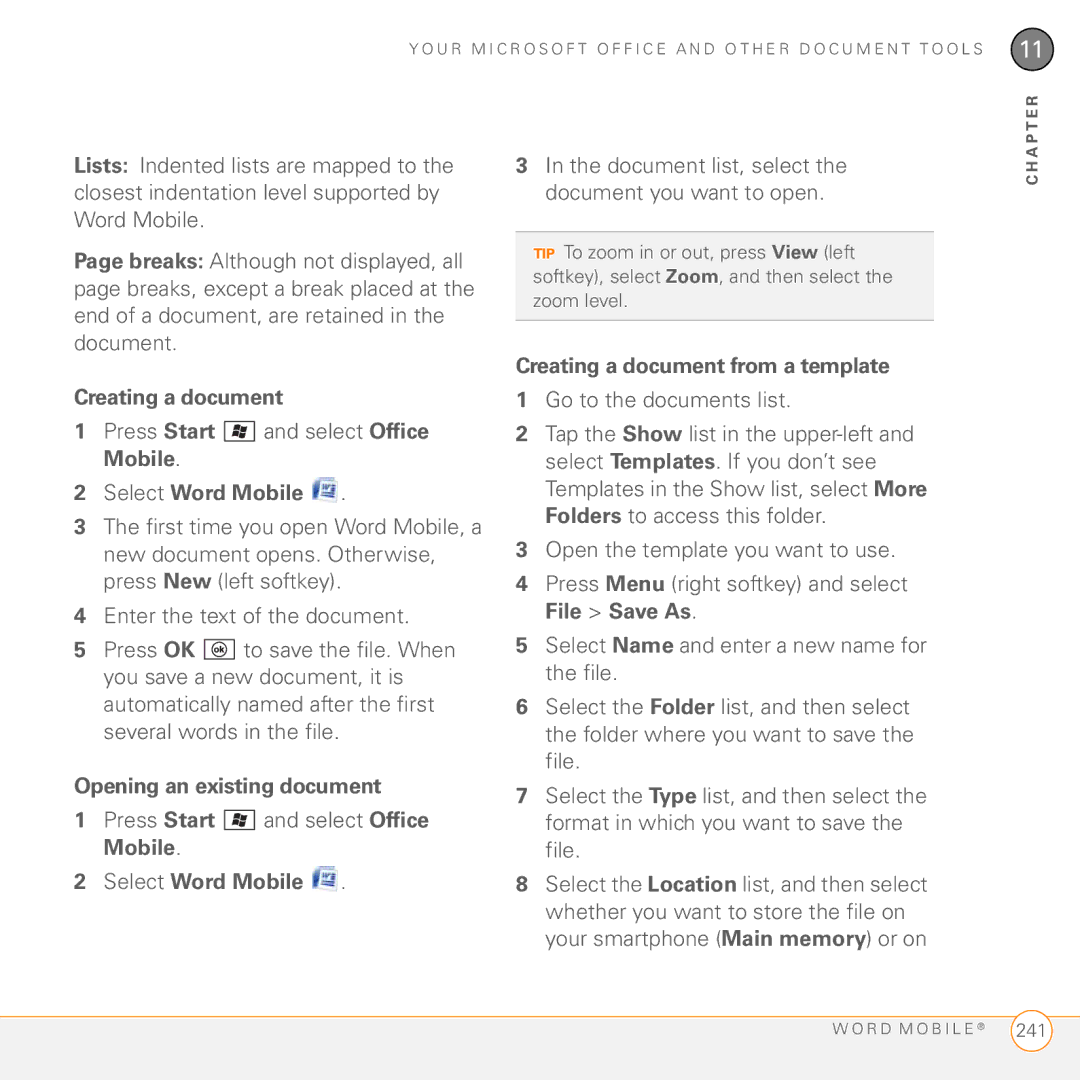 Palm PMG0501000P manual Creating a document, Select Word Mobile, Opening an existing document 