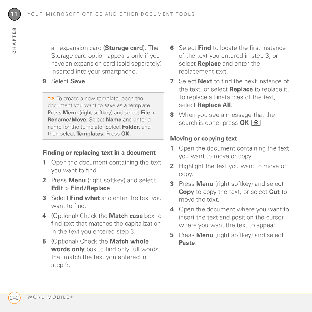 Palm PMG0501000P manual Finding or replacing text in a document, Moving or copying text 