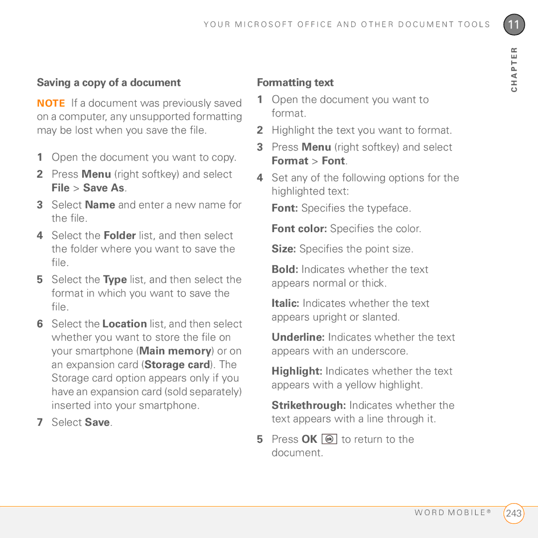 Palm PMG0501000P manual Saving a copy of a document, Formatting text 