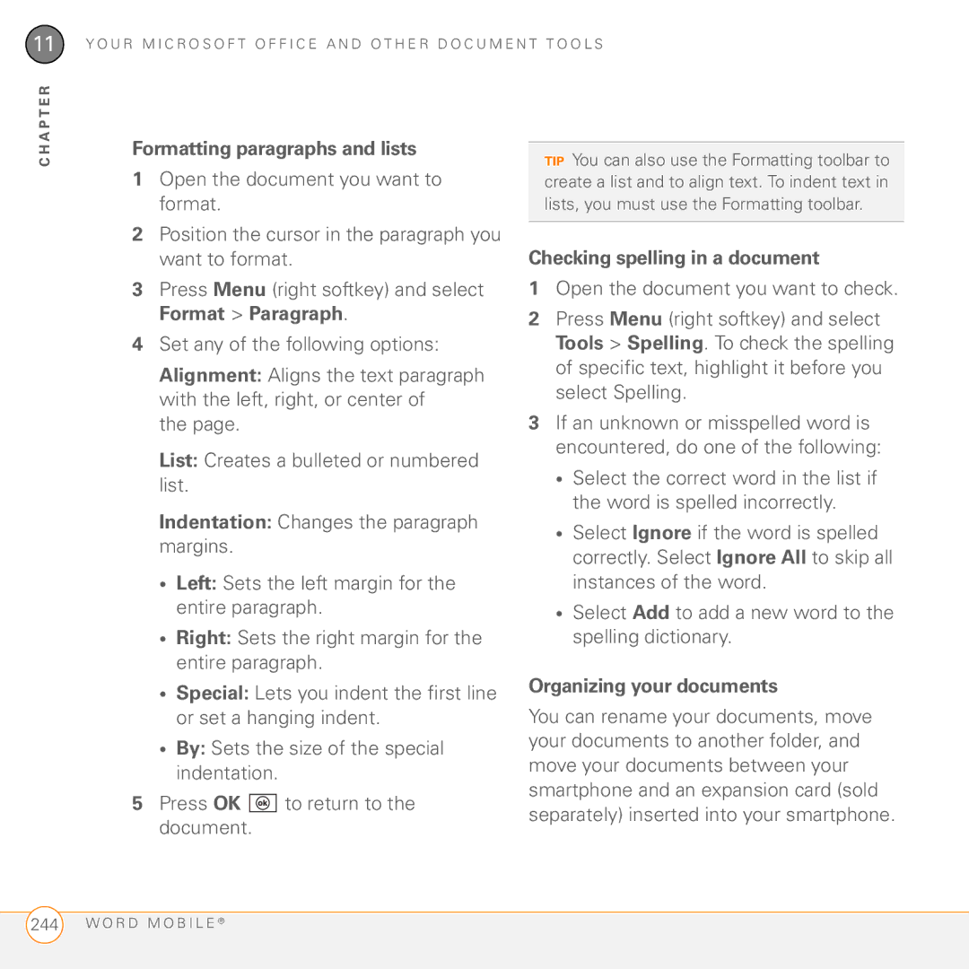 Palm PMG0501000P Formatting paragraphs and lists, List Creates a bulleted or numbered list, Organizing your documents 