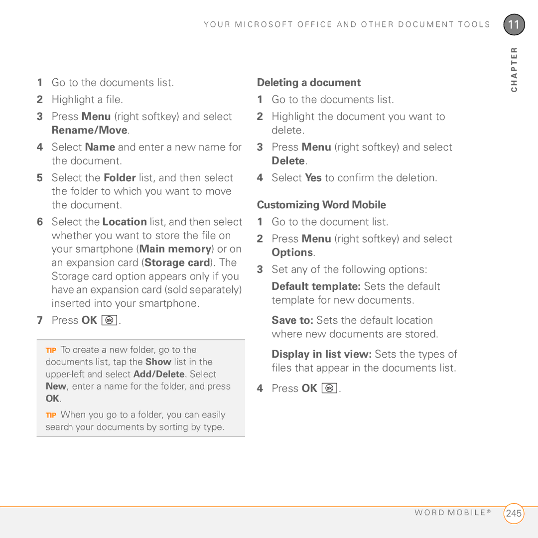 Palm PMG0501000P manual Deleting a document, Customizing Word Mobile 
