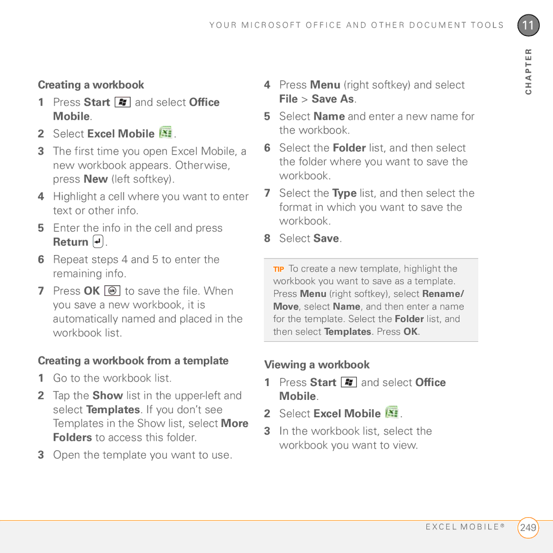 Palm PMG0501000P manual Select Excel Mobile, Creating a workbook from a template, Viewing a workbook 